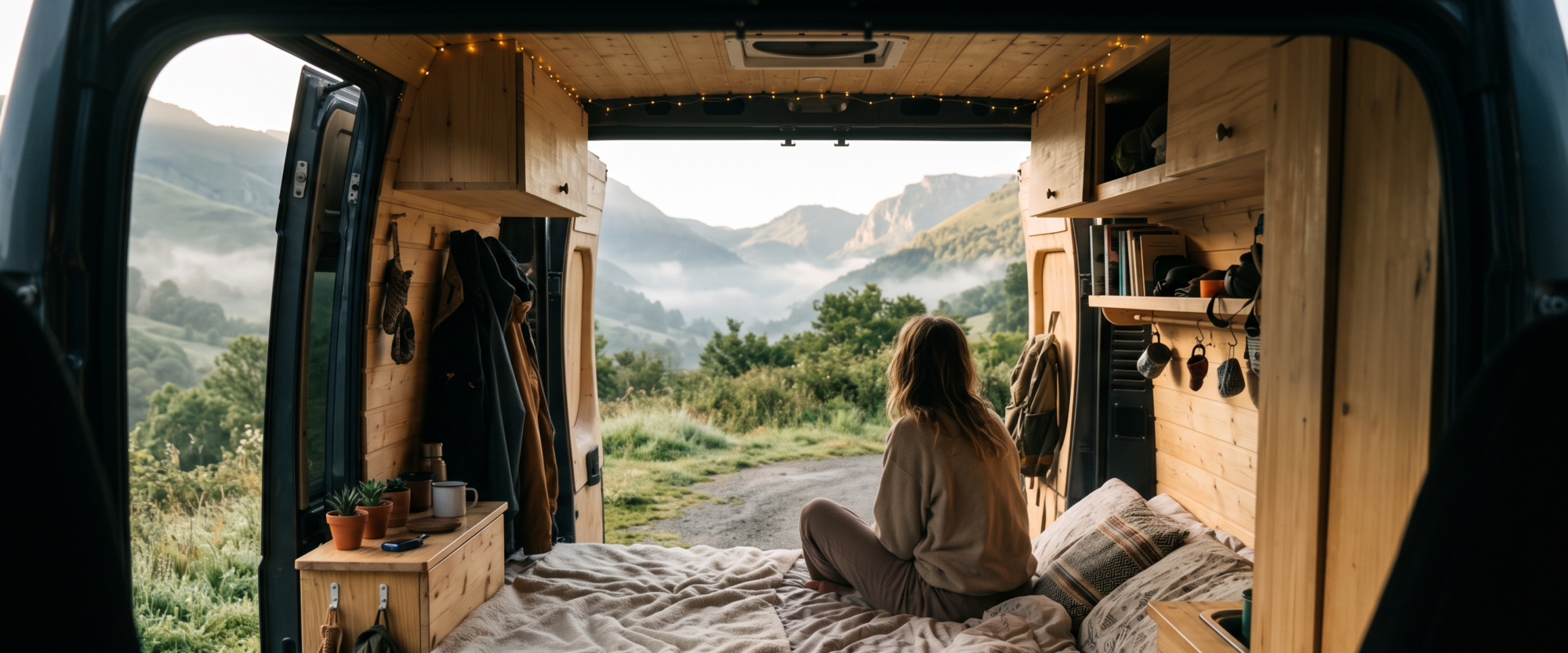 Mujer mirando el paisaje de montaña desde la cama de una furgoneta camper