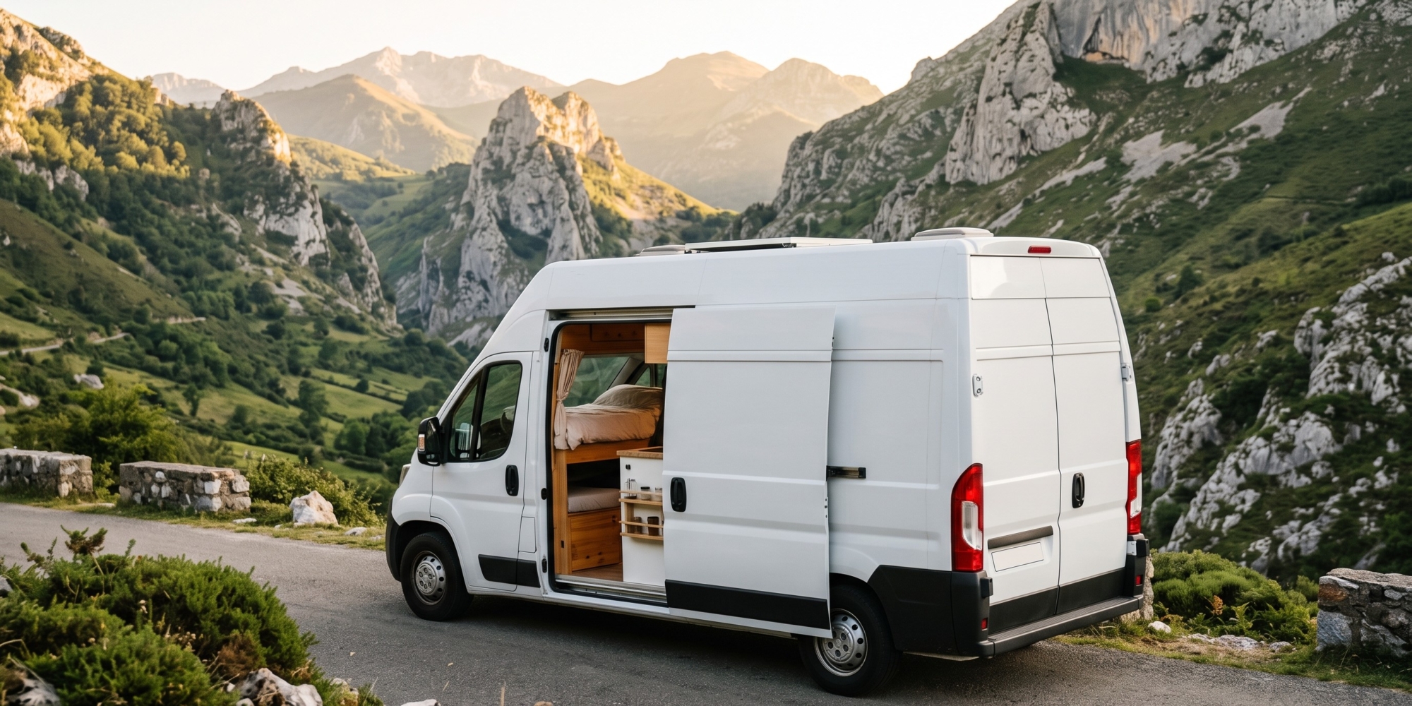 Furgoneta camper con la puerta lateral abierta en una carretera de montaña del norte de España